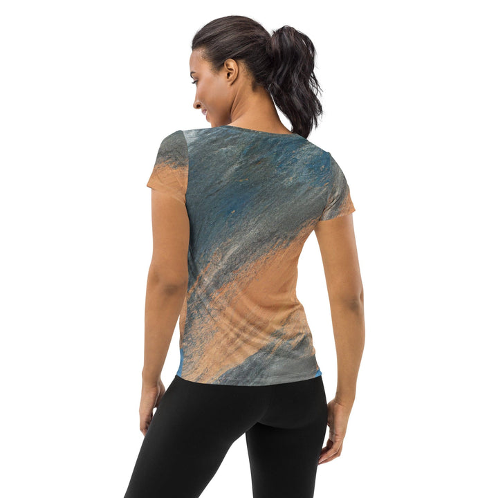 Womens Stretch Fit Athletic Sports T-shirt - Blue Orange Abstract