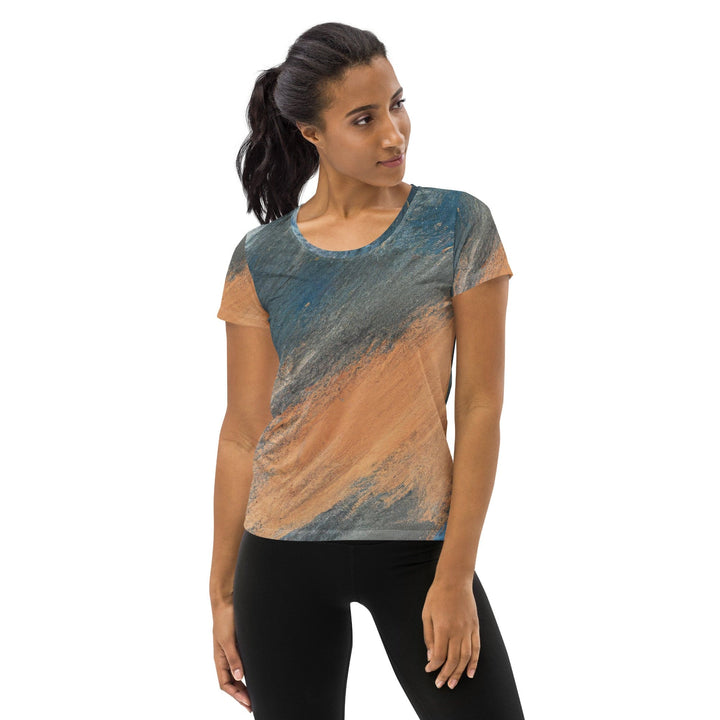 Womens Stretch Fit Athletic Sports T-shirt - Blue Orange Abstract
