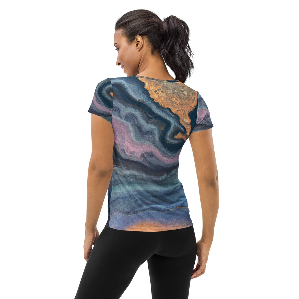 Womens Stretch Fit Athletic Sports T-shirt - Blue Pink Marble Swirl