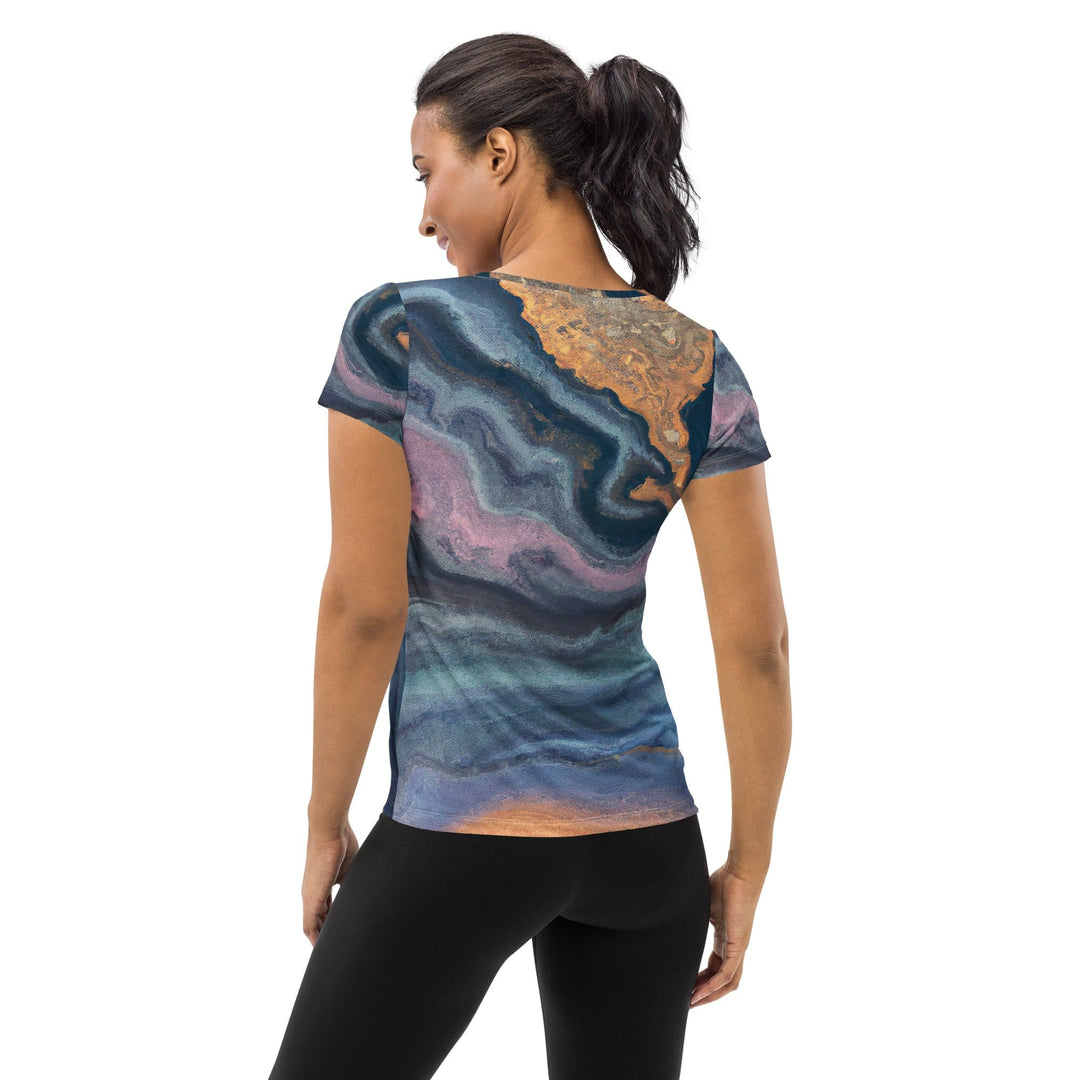 Womens Stretch Fit Athletic Sports T-shirt - Blue Pink Marble Swirl