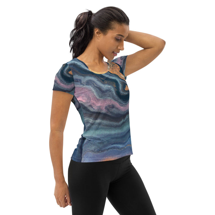 Womens Stretch Fit Athletic Sports T-shirt - Blue Pink Marble Swirl