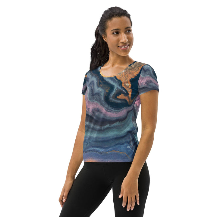 Womens Stretch Fit Athletic Sports T-shirt - Blue Pink Marble Swirl