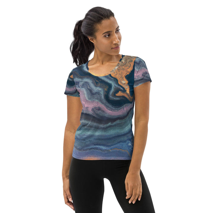 Womens Stretch Fit Athletic Sports T-shirt - Blue Pink Marble Swirl