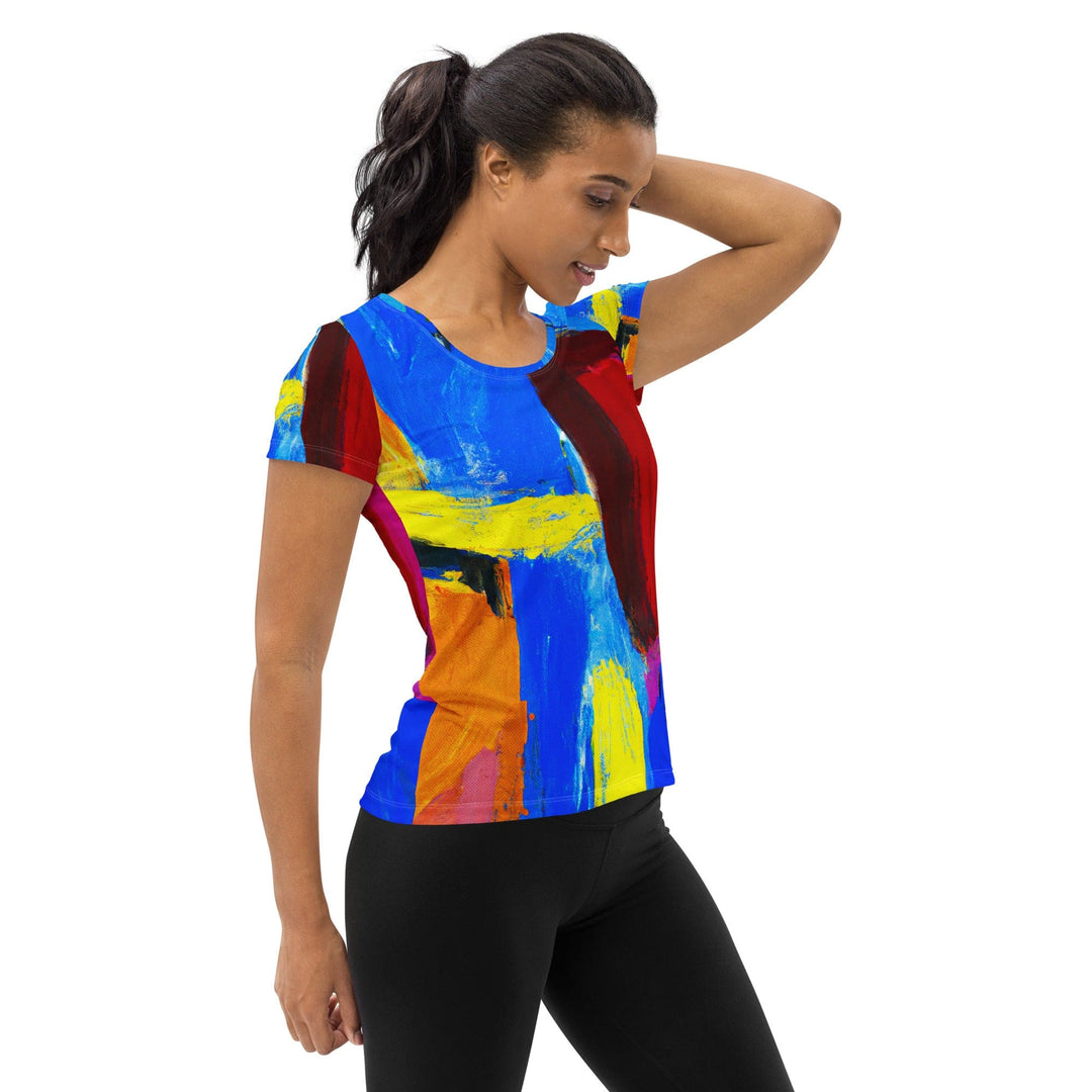 Womens Stretch Fit Athletic Sports T-shirt - Blue Red Abstract Pattern