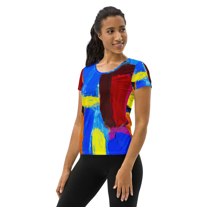 Womens Stretch Fit Athletic Sports T-shirt - Blue Red Abstract Pattern