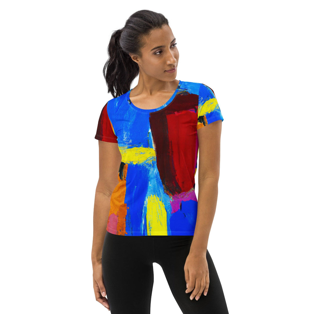 Womens Stretch Fit Athletic Sports T-shirt - Blue Red Abstract Pattern