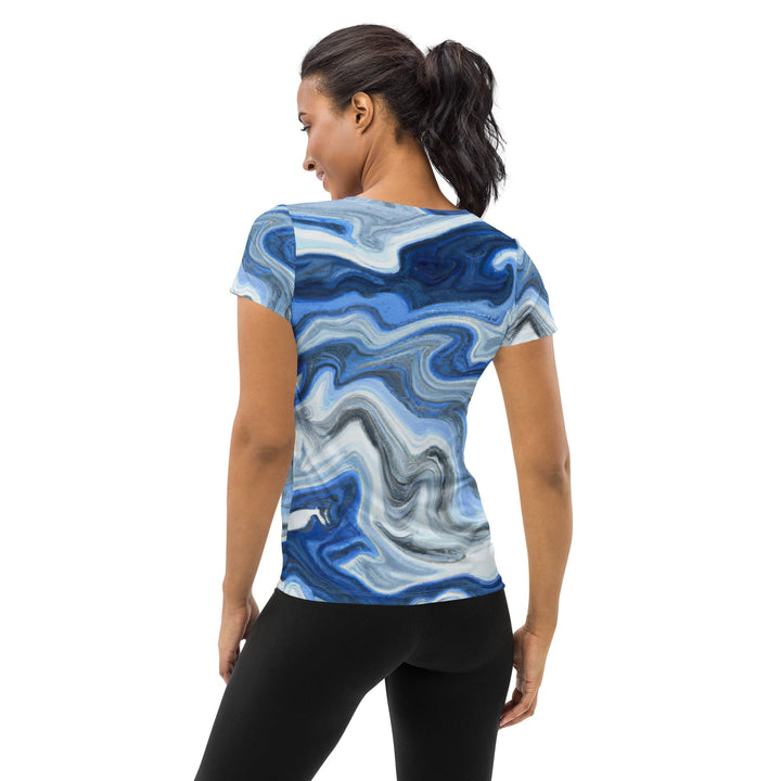 Womens Stretch Fit Athletic Sports T-shirt - Blue Grey Marble Print