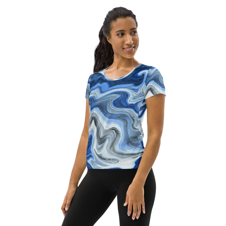 Womens Stretch Fit Athletic Sports T-shirt - Blue Grey Marble Print
