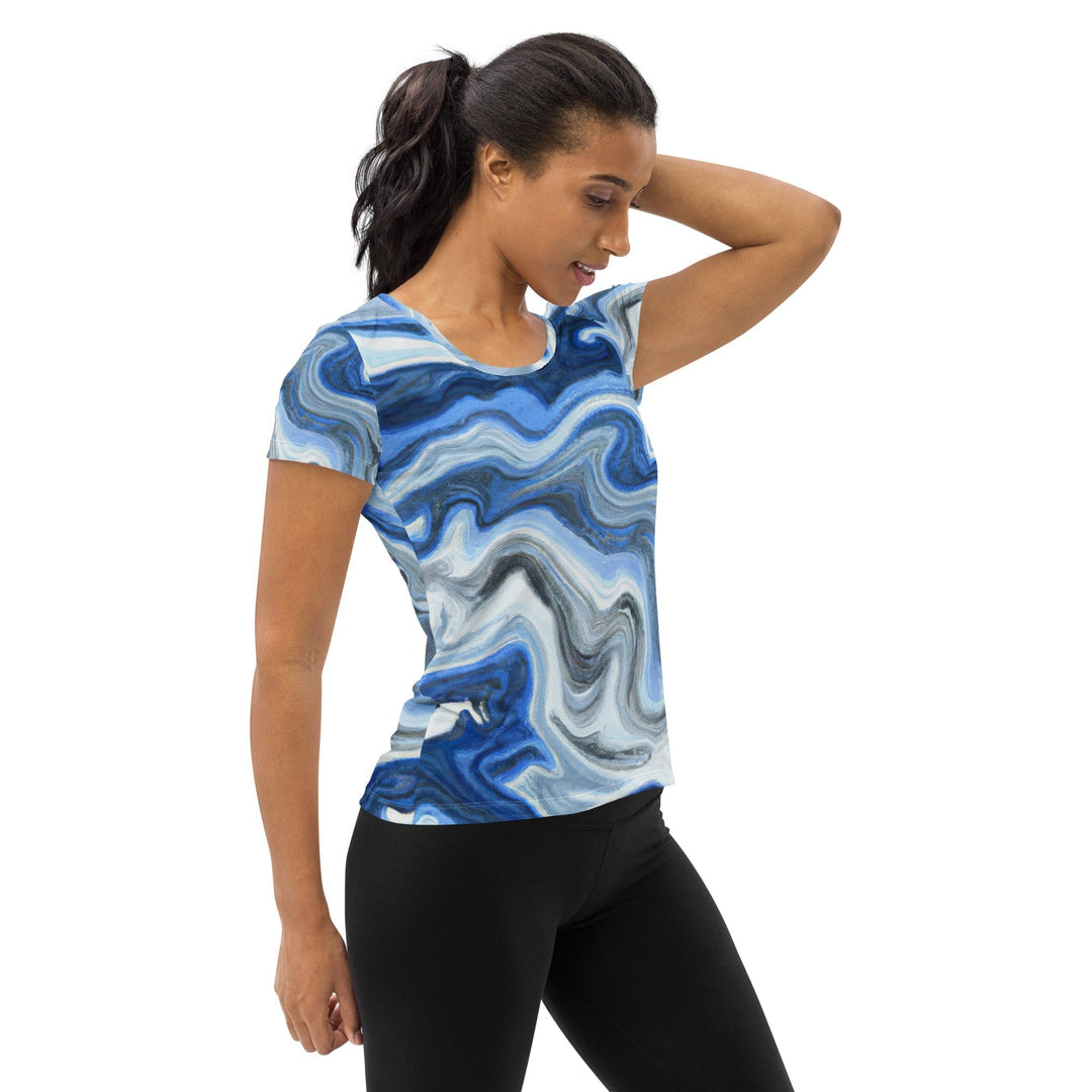 Womens Stretch Fit Athletic Sports T-shirt - Blue Grey Marble Print