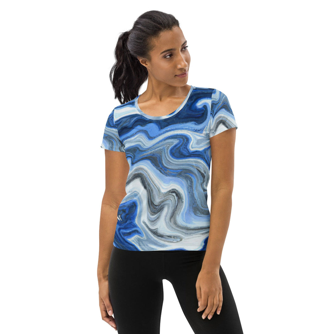 Womens Stretch Fit Athletic Sports T-shirt - Blue Grey Marble Print