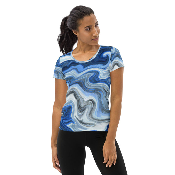 Womens Stretch Fit Athletic Sports T-shirt - Blue Grey Marble Print