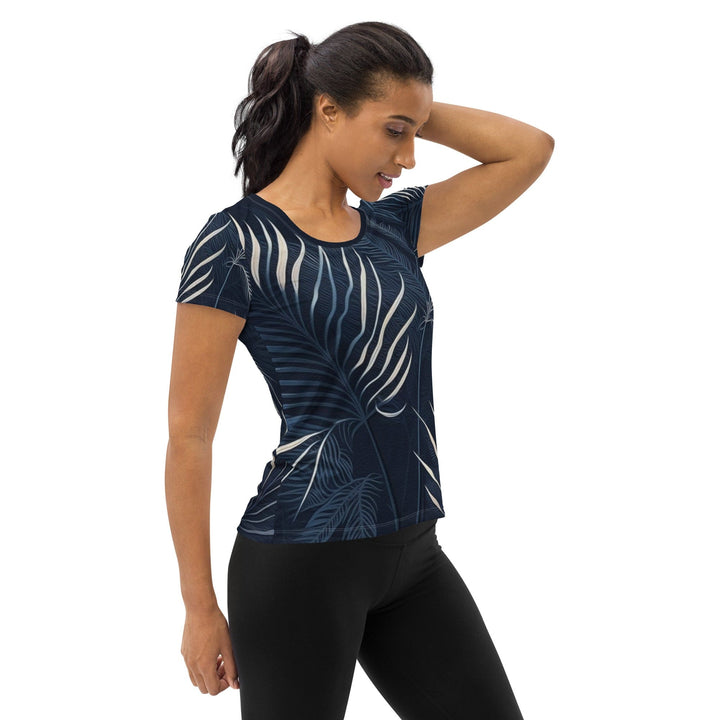 Womens Stretch Fit Athletic Sports T-shirt - Blue White Palm Leaves