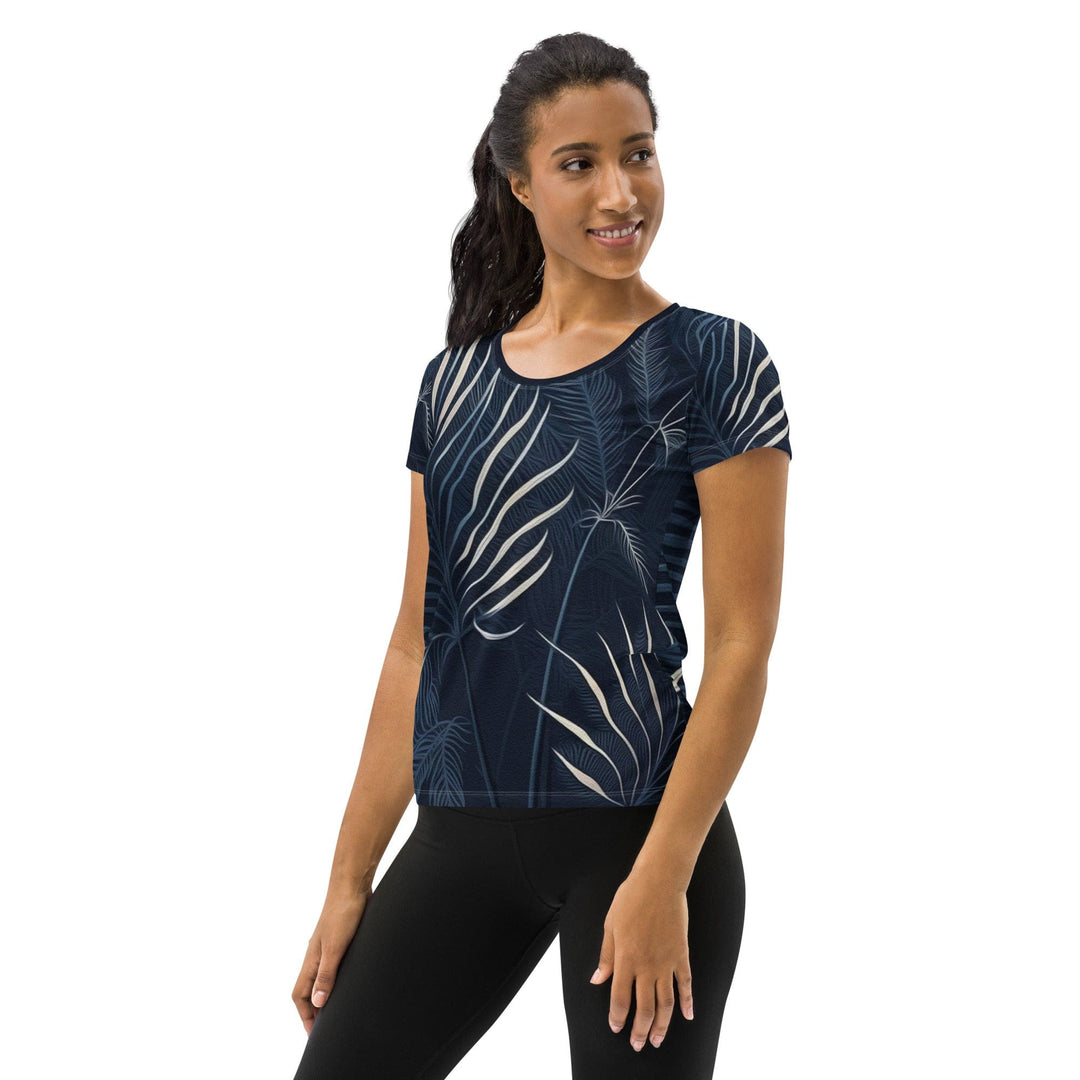 Womens Stretch Fit Athletic Sports T-shirt - Blue White Palm Leaves