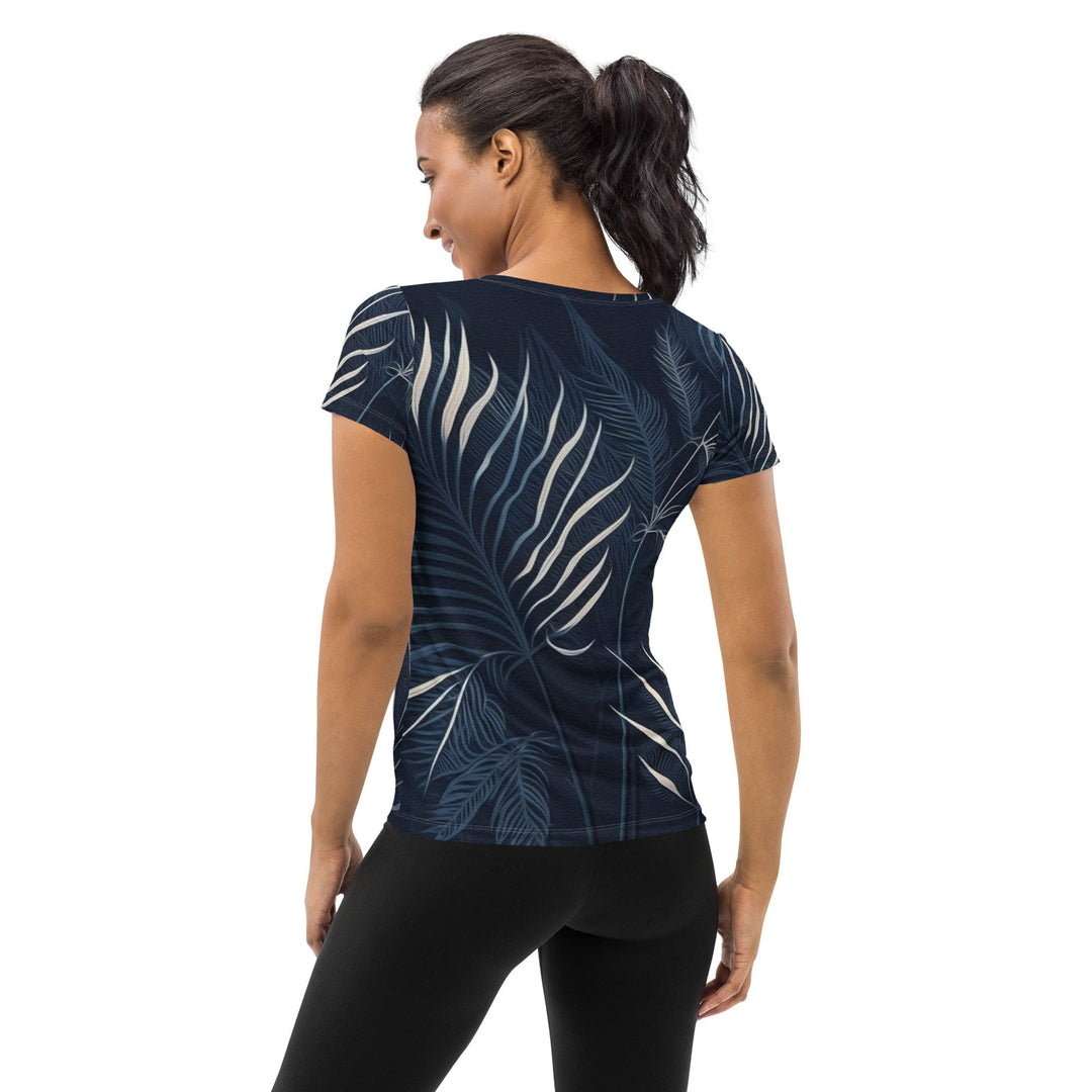 Womens Stretch Fit Athletic Sports T-shirt - Blue White Palm Leaves