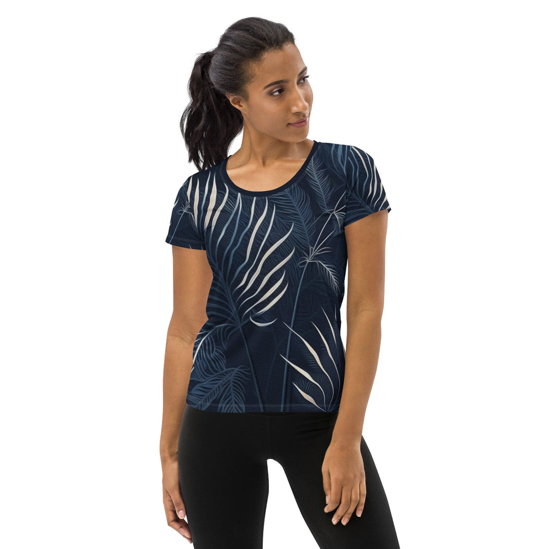 Womens Stretch Fit Athletic Sports T-shirt - Blue White Palm Leaves