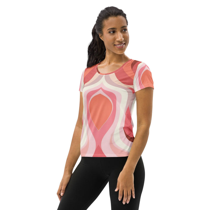 Womens Stretch Fit Athletic Sports T-shirt - Pink White Boho Swirl