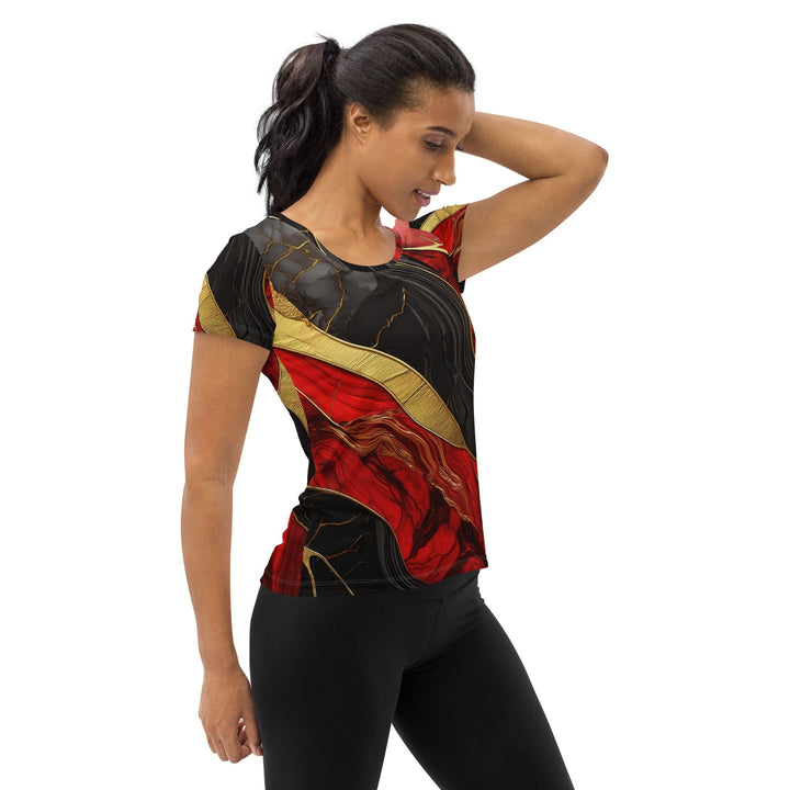 Womens Stretch Fit Athletic Sports T-shirt - Brick Red Pattern Black