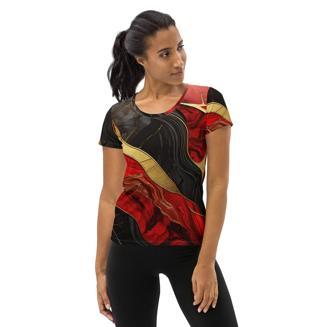 Womens Stretch Fit Athletic Sports T-shirt - Brick Red Pattern Black