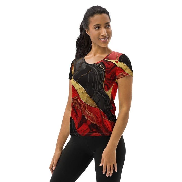 Womens Stretch Fit Athletic Sports T-shirt - Brick Red Pattern Black