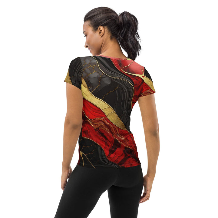 Womens Stretch Fit Athletic Sports T-shirt - Brick Red Pattern Black