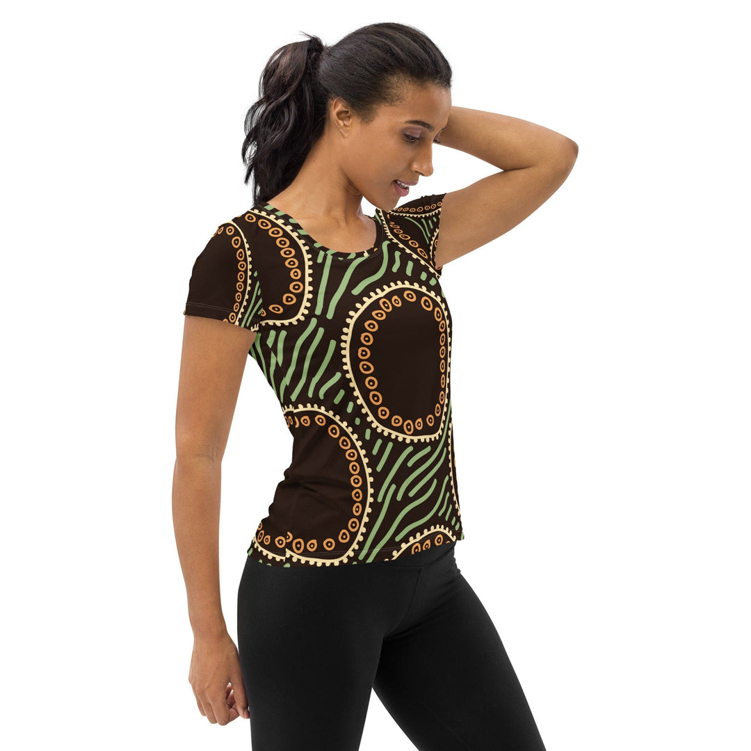 Womens Stretch Fit Athletic Sports T-shirt Brown Green Geometric