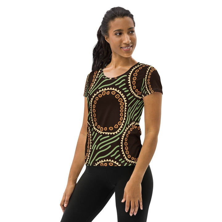 Womens Stretch Fit Athletic Sports T-shirt Brown Green Geometric