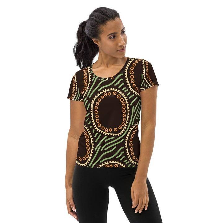 Womens Stretch Fit Athletic Sports T-shirt Brown Green Geometric