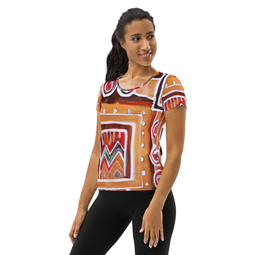 Womens Stretch Fit Athletic Sports T-shirt - Brown Orange Green Aztec