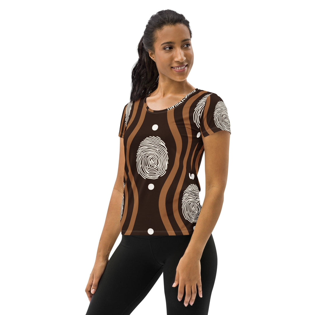 Womens Stretch Fit Athletic Sports T-shirt - Brown White Geometric