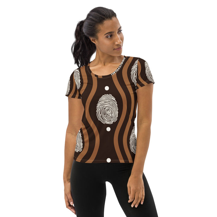 Womens Stretch Fit Athletic Sports T-shirt - Brown White Geometric