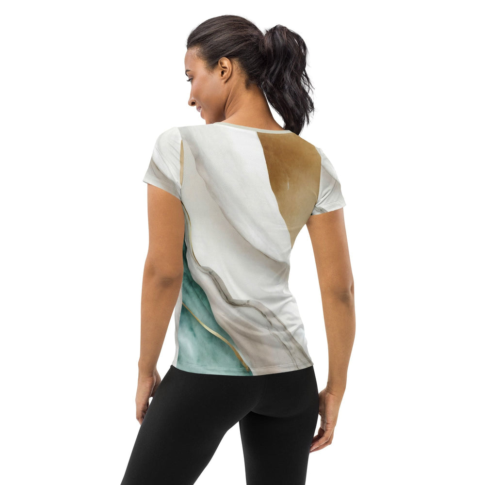 Womens Stretch Fit Athletic Sports T-shirt - Cream White Green Marbled