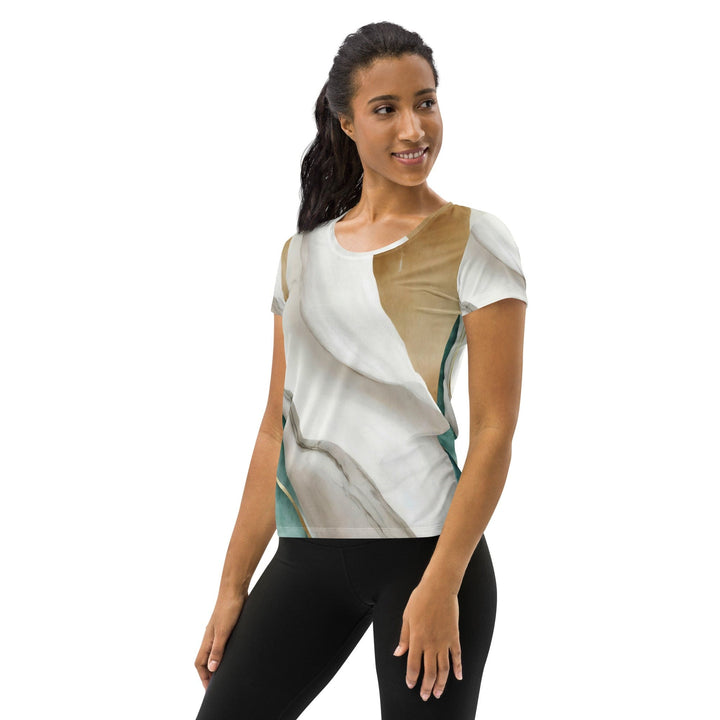 Womens Stretch Fit Athletic Sports T-shirt - Cream White Green Marbled