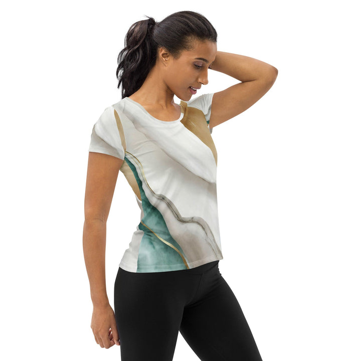 Womens Stretch Fit Athletic Sports T-shirt - Cream White Green Marbled