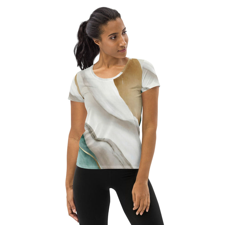 Womens Stretch Fit Athletic Sports T-shirt - Cream White Green Marbled