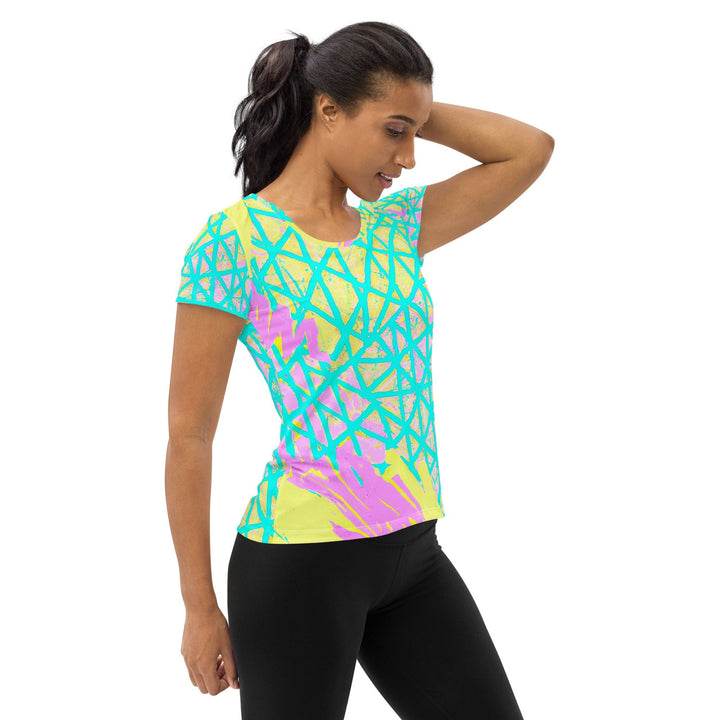 Womens Stretch Fit Athletic Sports T-shirt - Cyan Blue Lime Green