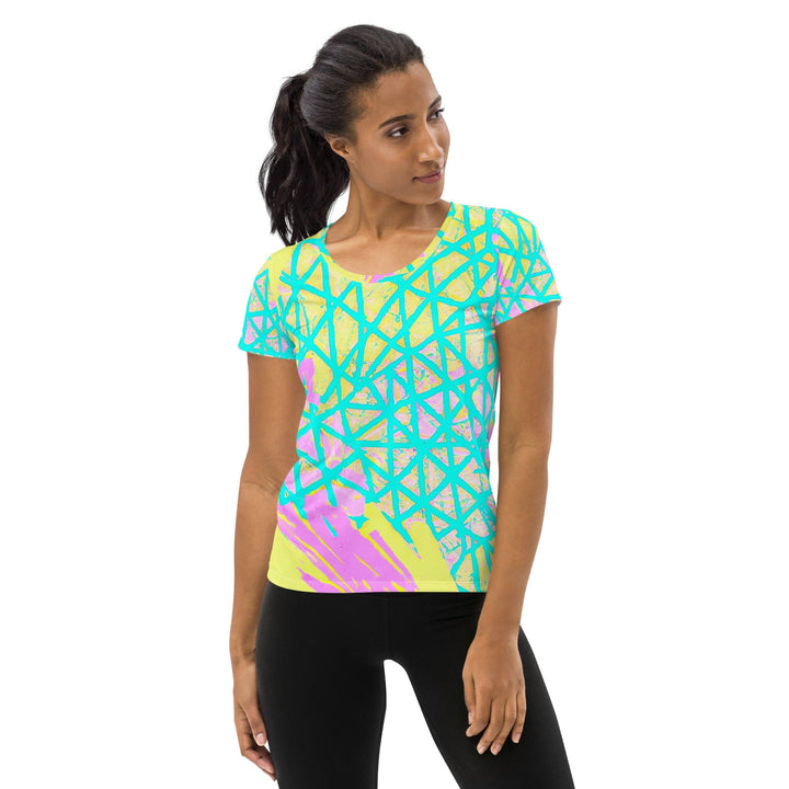 Womens Stretch Fit Athletic Sports T-shirt - Cyan Blue Lime Green