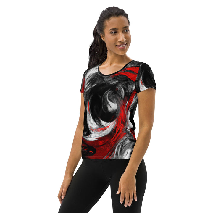 Womens Stretch Fit Athletic Sports T-shirt - Decorative Black Red