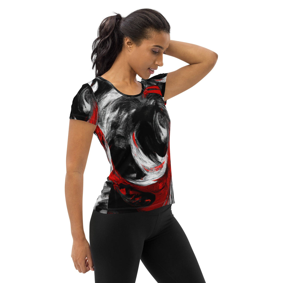 Womens Stretch Fit Athletic Sports T-shirt - Decorative Black Red