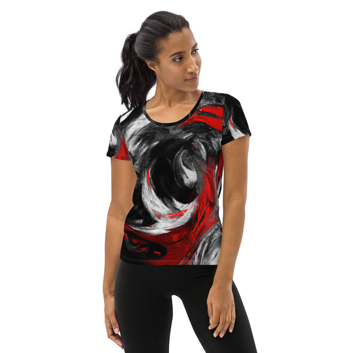 Womens Stretch Fit Athletic Sports T-shirt - Decorative Black Red
