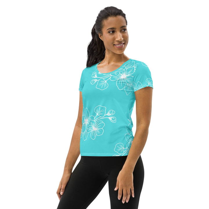 Womens Stretch Fit Athletic Sports T-shirt - Floral Cyan Blue 7022523