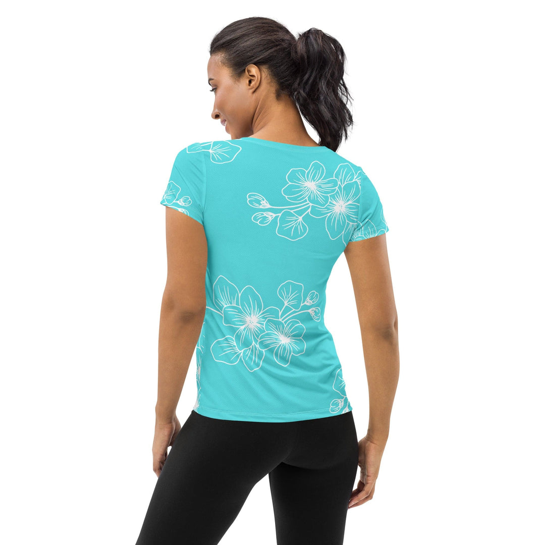 Womens Stretch Fit Athletic Sports T-shirt - Floral Cyan Blue 7022523