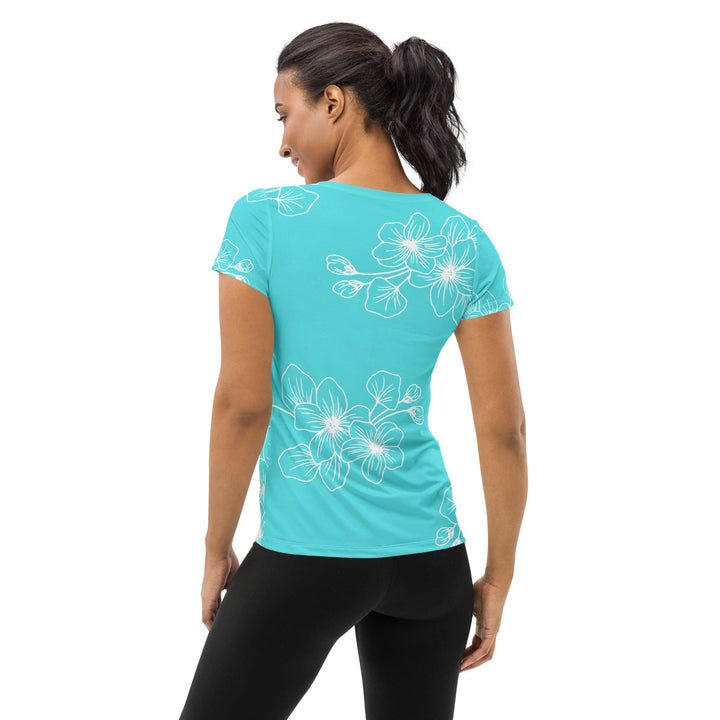 Womens Stretch Fit Athletic Sports T-shirt - Floral Cyan Blue 7022523