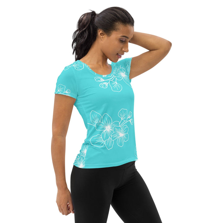 Womens Stretch Fit Athletic Sports T-shirt - Floral Cyan Blue 7022523