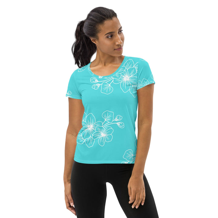 Womens Stretch Fit Athletic Sports T-shirt - Floral Cyan Blue 7022523