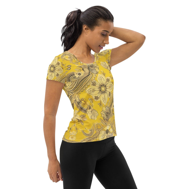 Womens Stretch Fit Athletic Sports T-shirt - Floral Yellow Bandanna
