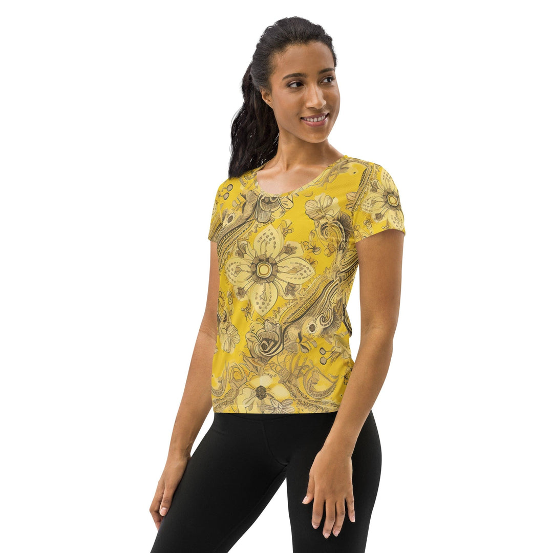 Womens Stretch Fit Athletic Sports T-shirt - Floral Yellow Bandanna