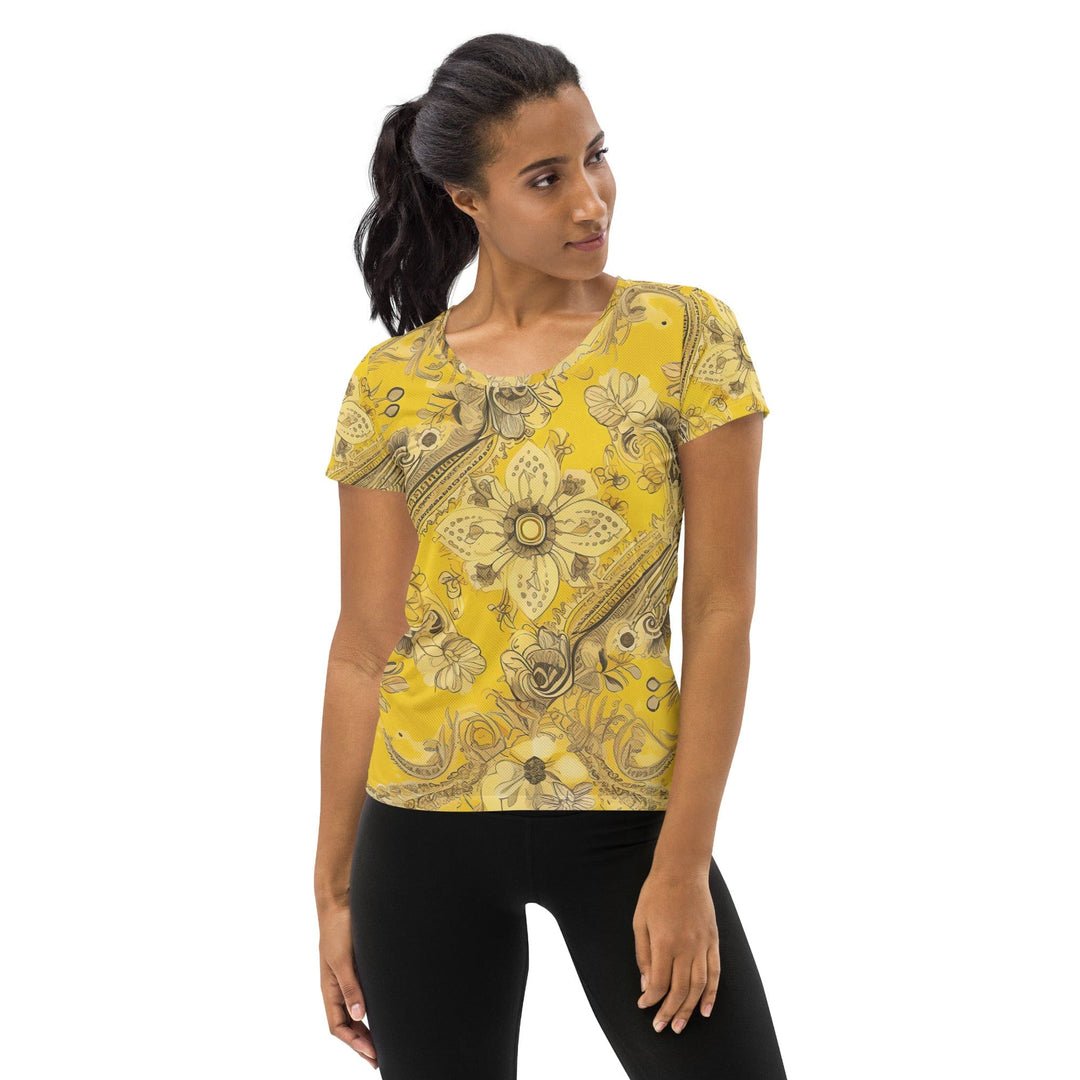 Womens Stretch Fit Athletic Sports T-shirt - Floral Yellow Bandanna