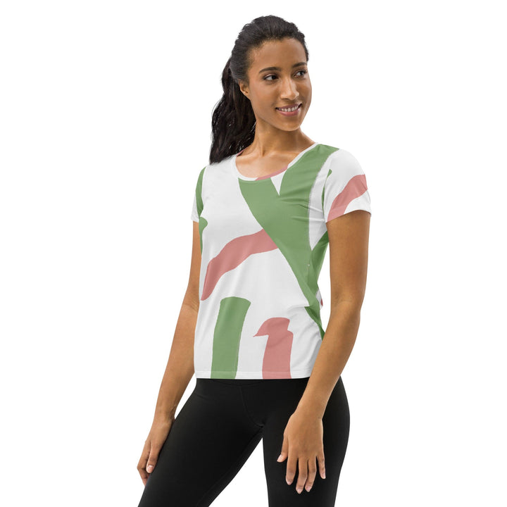 Womens Stretch Fit Athletic Sports T-shirt - Green Mauve Abstract