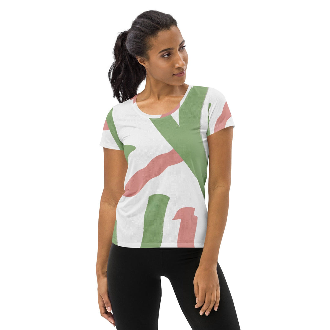Womens Stretch Fit Athletic Sports T-shirt - Green Mauve Abstract