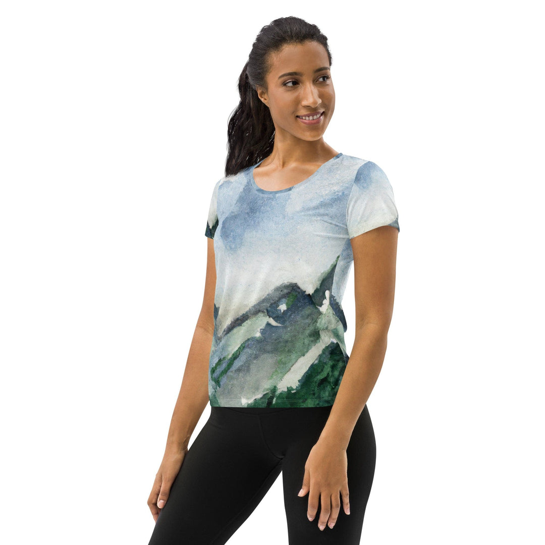 Womens Stretch Fit Athletic Sports T-shirt - Green Mountainside Nature